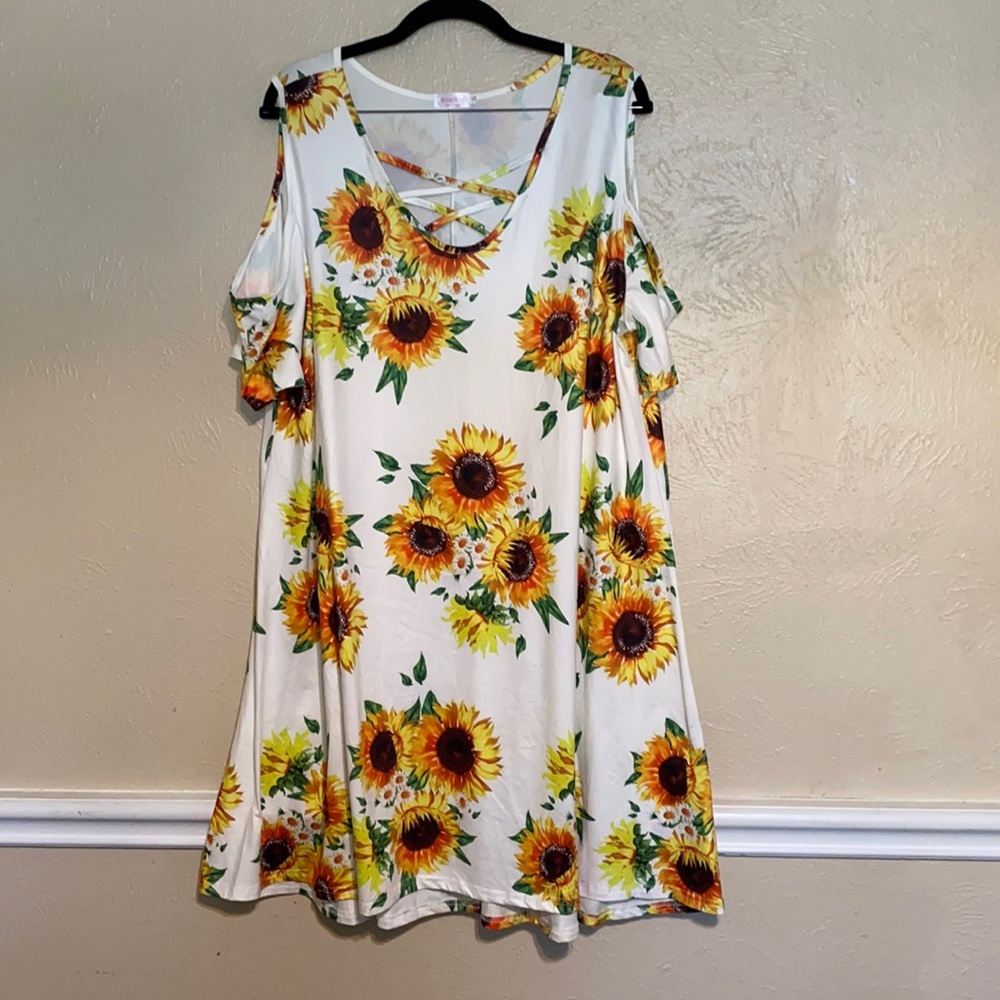 Blue Time Sunflower Off the Shoulder Dress